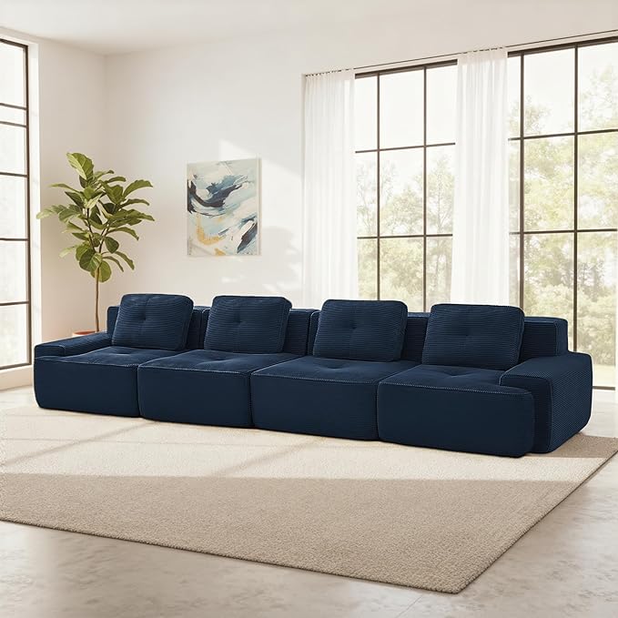 Casaphoria 150'' Blue Corduroy Cloud Couch, 4-Seater Boneless Sectional Sofa with 4 Pillows for Living Room, Deep Seat Sofa, No Assembly Required