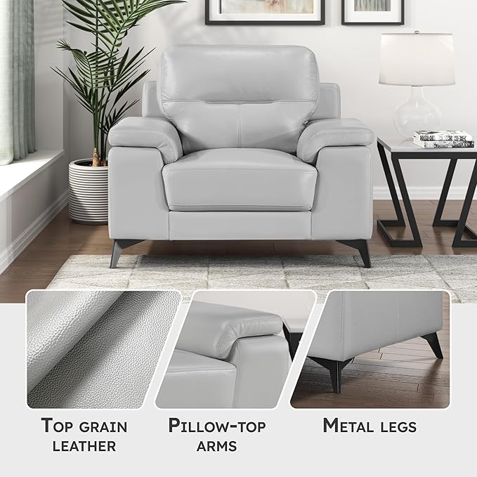 Lexicon Leather Chair, Oversized Seat, Top Grain Leather Lounge Chair, Modern Sofa Arm Chair for Living Room, Bedroom, Office, Apartment, Armchair, Silver Gray