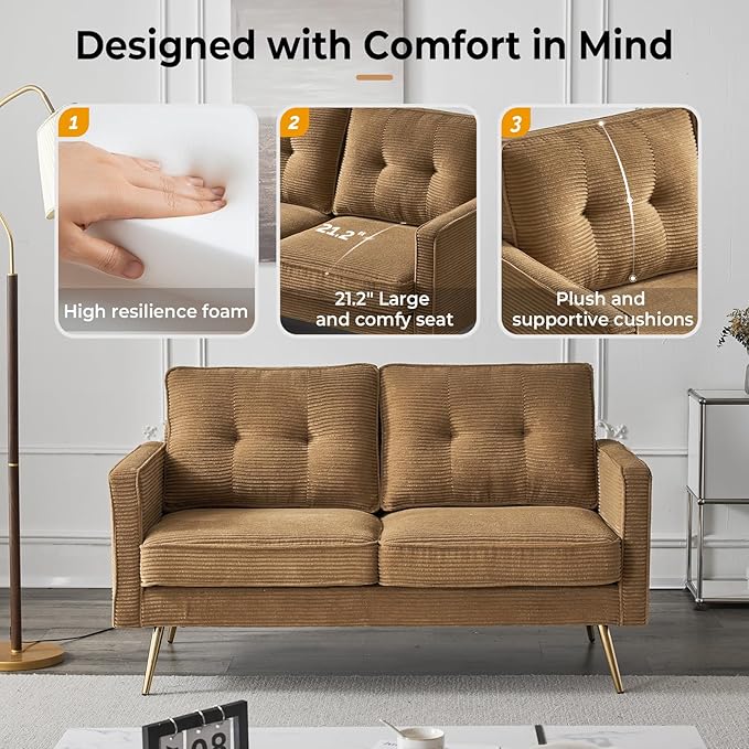 VINGLI 56" Modern Khaki Loveseat,Small Corduroy Sofa Couch Deep Seat for Living Room,2-Seater Loveseat Sofa for Bedroom,Apartment,Office,Dorm,Small Space