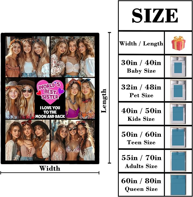 Custom Sister Blanket with Photos, Custom Best Friend Birthday Gifts, Personalized Besties Blanket, Customized Friendship Gifts for Women Friends, Best Soul Sister Gifts