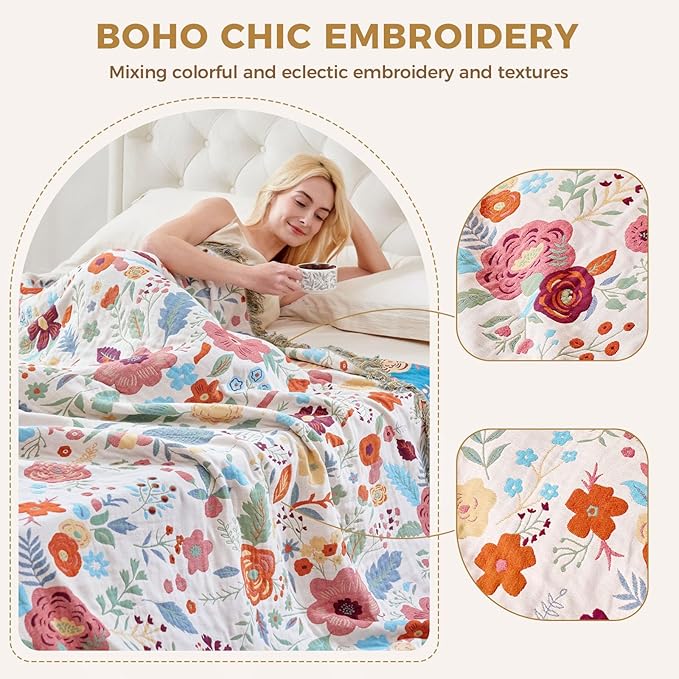 LUTBM Boho Throw Blanket for Bed Cotton Spring Blankets Twin Size for Bedroom Living Room All Season Lightweight Floral Embroidery Quilt for Couch Sofa Chair 60"x80"