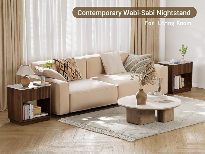 Fluted Nightstand, Night Stand Set 2, 23" Wide Walnut Nightstands Set of 2 with Charging Station & Faux Marble Top, Large Modern End Table with Drawer, Bedside Table for Bedroom Living Room - Image 7