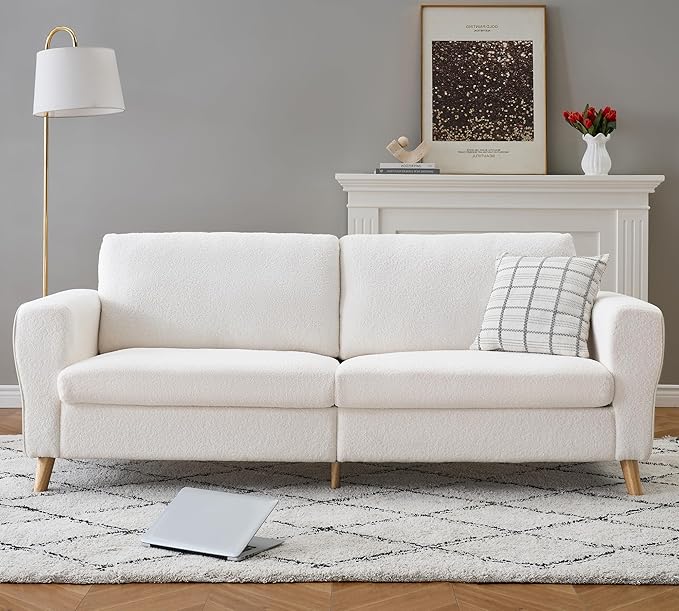 GarveeHome 84 in Sofa Couch, Large Loveseat Sofa with Wide Armrests, Deep Seats & Wood Feet, 3 Seater Modern Boucle Sofa, Comfy Couches for Living Room Bathroom Small Spaces, White