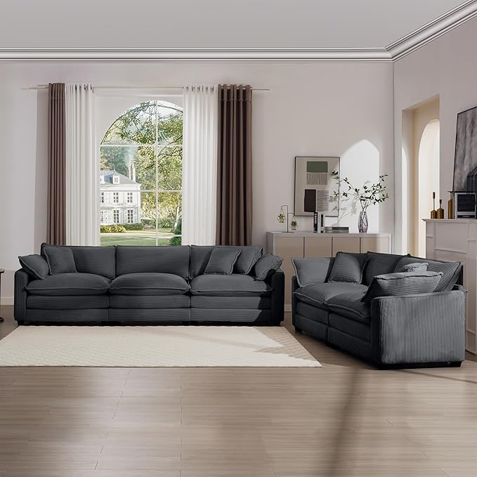 KEIKI 2-Piece Sofa Set with 1 Oversized Corduroy 3-Seater Sofa & 1 Loveseat Sofa, Upholstered 5-Seater Couch Set with 9 Pillow, High-Density Foam Cushions, Removable Armrests, for Living Room, Grey