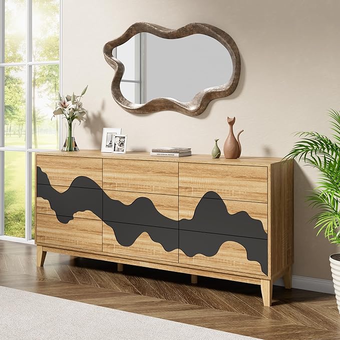 Anbuy Bedroom Sets 3 Pieces Bedroom Furniture Set Water Stream 9 Drawer Dresser and Night Stand Sets, Two Drawers Nightstand Set of 2 & 9 Drawer Dresser Combo (Natural)