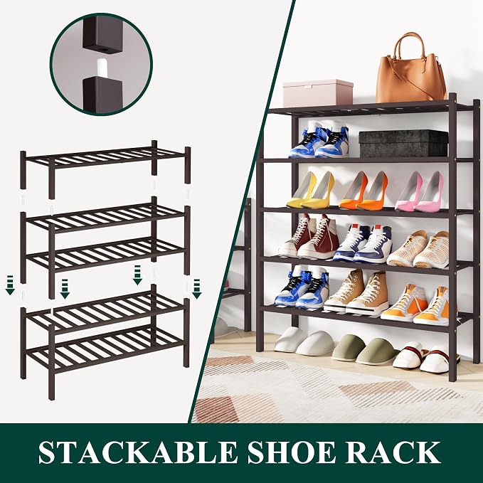 Smiry Shoe Rack, 6 Tier Bamboo Shoe Organizer, Stackable Free Standing Wooden Shoe Storage Shelf for Closet, Entryway, Front Door Entrance, Brown - Image 4