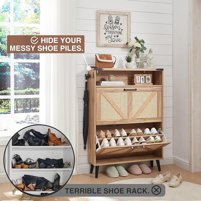 Barnyatoh Shoe Storage Cabinet, Boho Rattan Shoe Organizer with 2 Flip Drawers,Farmhouse Freestanding Hidden Slim Narrow Shoe Rack Cabinet with Open Shelves for Entryway, Foyer,Hallway, Natural - Image 3