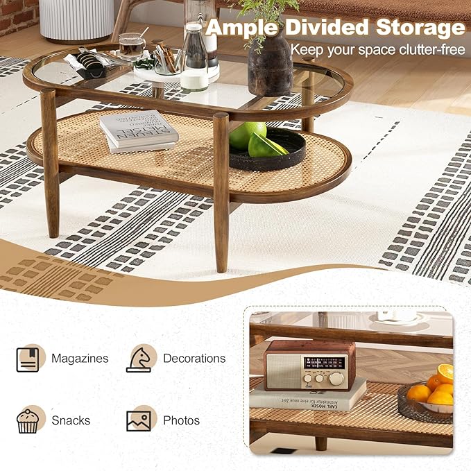 Moccha Boho Coffee Table, 2-Tier Center Table with Tempered Glass Tabletop & PE Rattan Storage Shelf, Mid Century Modern Tea Table with Wood Frame, 40" L Oval Accent Table for Living Room, Office
