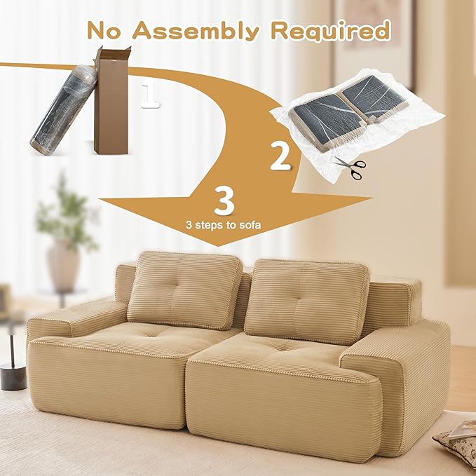 Casaphoria 80'' Corduroy Couch Sectional, 2 Seater Boneless Couches for Living Room, Camel Modular Cloud Sofa with 2-Pillow, Extra Deep Seat Sofa with No Assembly