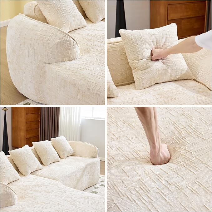 L Shaped Compression Sofa, Modular Couch with Curved Armrests & 4 Coordinating Pillows, Modern 101'' Chenille 4 Seater Sofa with Wide Seat for Living Room, Bedroom, No Assembly, Beige