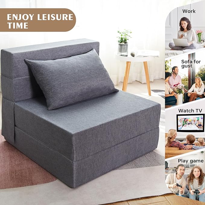 Folding Sofa Bed, Convertible Futon Sofa Bed with Pillow, Fold Out Couch with Washable Cover, Foldable Sleeper Chair for Living Room, Dorm, Guest Room, Single Size, Light Grey