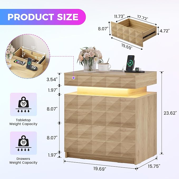 Dystler LED Nightstand with Charging Station,3 Drawers Night Stand with Lockable Hidden Storage,Smart Bedside Table with Human Sensor RGB Lights for Bedroom,Wood - Image 2