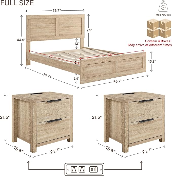 KISLOT 3 Pieces Bedroom Set, Full Size Wood Platform Bed Frame and 2 Nightstands, Storage Nightstand with Type-C Charging Port, Farmhouse Bedroom Furniture Set