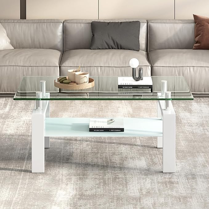 Tempered Glass Coffee Table with Metal Legs Modern Small Coffee Tables for Livingroom (White)