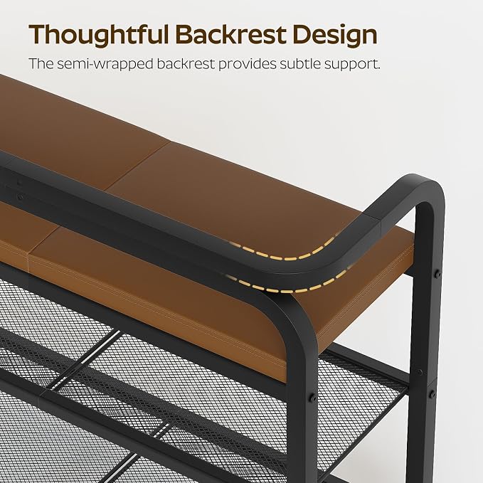 YATINEY Shoe Bench with Backrest, Entryway Bench, 2-Tier Shoe Rack with PU Padded Seat, Upholstered Shoe Storage Bench with Back, for Hallway, Entryway, Foyer, Bedroom, Brown and Black HX04BV - Image 4