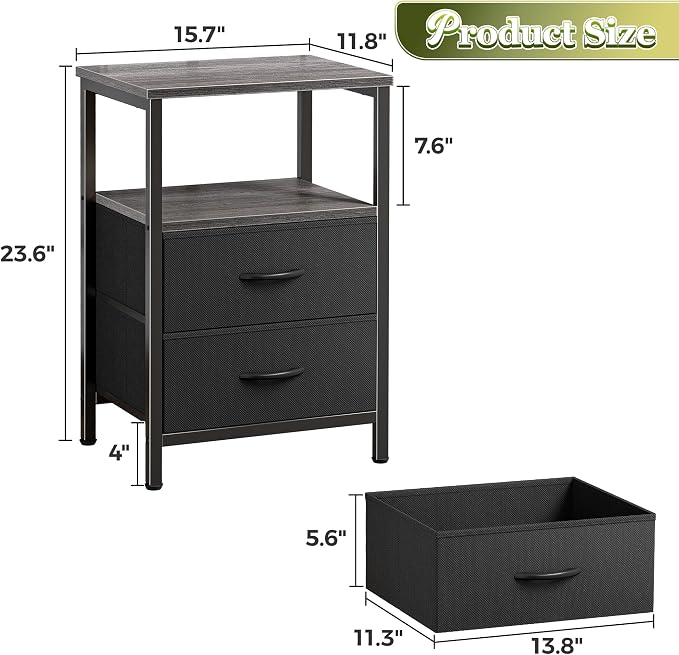 Huuger Night Stand with 2 Drawers, Bed Side Table with Open Shelf, Wooden Top, Nightstand for Bedroom, End Table for Small Space, Fabric Drawer, Grey - Image 3