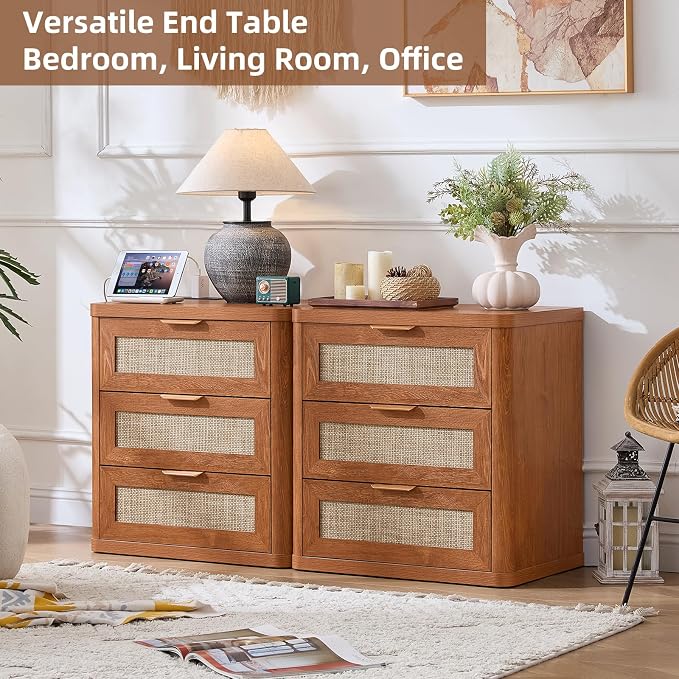LEYAOYAO Rattan Night Stand with Charger Station, 23" Large 3 Drawer Boho Nightstand, Tea Brown Bedside Table Storage Cabinet, Bed Side End Tables for Bedroom, Living Room, Hallway - Image 4