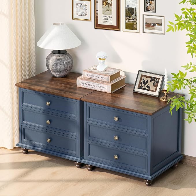 Joaxswe 24" Wide Farmhouse Night Stand Set of 2,Large End Table with 3 Drawers & Metal Handle,Blue Dresser for Bedroom,Bed Side Table Chest of Drawers Cabinet,Wood Nightstand for Living Room,Closet - Image 8