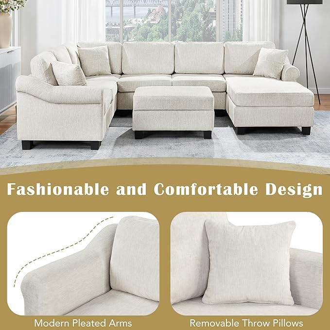 ERYE 112" U-Shaped Sectional Sofa with Movable Storage Ottoman, Oversized Chenille Upholstered Corner Modular Sofa Couch W/Right Facing Chaise Lounge and 3 Toss Pillows