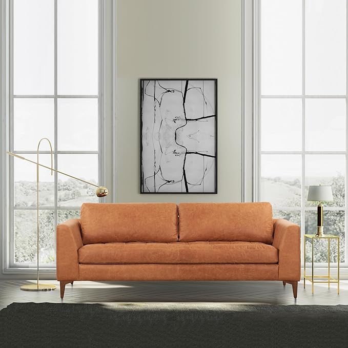 Poly & BARK Calle 90" Sofa Full-Grain Pure-Aniline Italian Leather in Cognac Tan, Solid Wood Legs