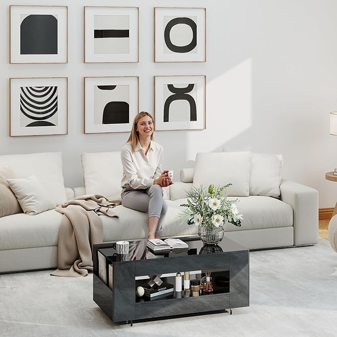 Glossy Coffee Table with Open Shelf Storage - High Gloss Modern Cocktail Table for Living Room, Bedroom, Office