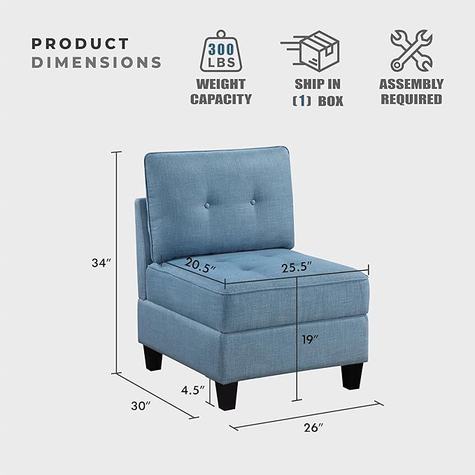 Lexicon Modern Modular Armless Chair with Hidden Storage, Textured Fabric Chair with Button-Tufted Design, Reversible Back Cushion for Living Room/Bedroom/Office, Blue