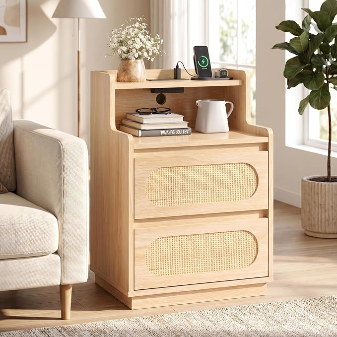 VINGLI Rattan Nightstand with Charging Station, Boho Nightstand with Drawers and Shelves, Wood Night Stand Bedroom, Real Rattan Bed Side Table/End Table，17.72" W*13.86" D*25.6" H by VINGLI