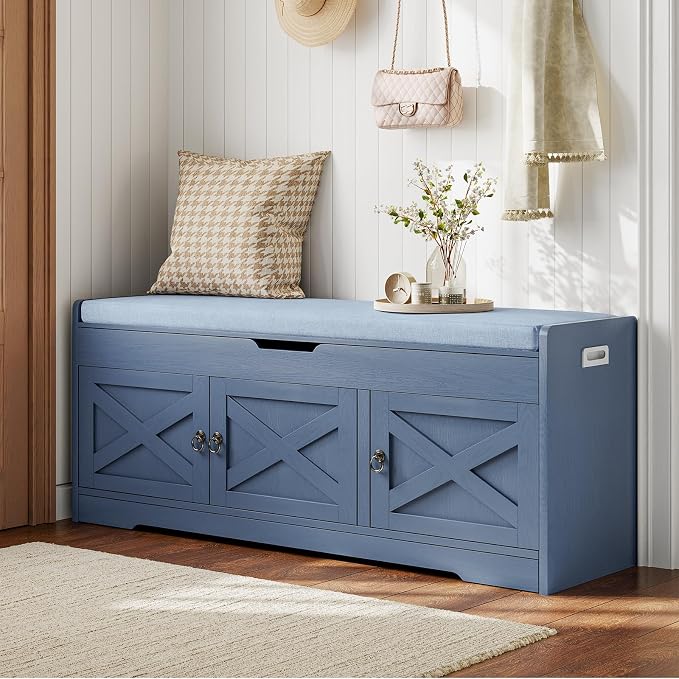 Farmhouse Shoe Storage Bench with Cushion Seat, 3-Tier Entryway Bench with Lift Top Storage and Adjustable Shelf, Bench for Hallway, Bedroom, Blue by Seetech