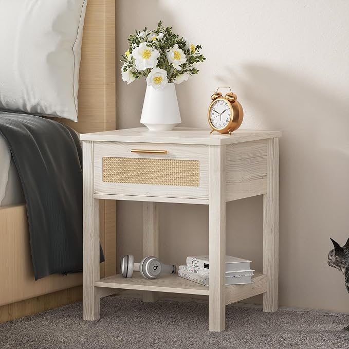 Set of 2 Nightstands, Modern End Table with Drawer and Storage Shelf, Rattan Night Stand for Bedroom Living Room Small Spaces, White Cream - Image 6