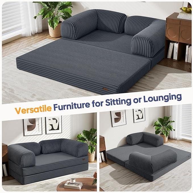 COMAX Convertible Folding Sofa Bed, Foldable Chair Bed Floor Futon Couch with Back Support, Comfy Corduroy Fold Out Mattress Sleeper for Living Room Bedroom