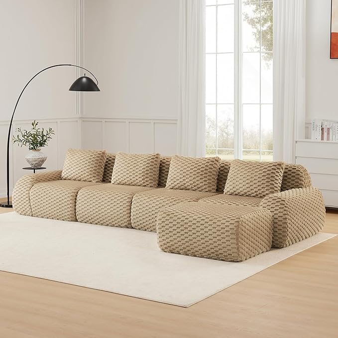 146" L-Shaped Compressed Sectional Cloud Sofa, Flannel Upholstered Modular Deep Seat Sofa with 5 Pieces, Modern Floor Boneless Foam Modular Cloud Couches for Living Room