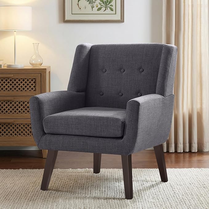 HUIMO Accent Chair Living Room Chair, Upholstered Button Tufted Armchair, Linen Fabric Sofa Chairs for Bedroom, Living Room, Mid Century Modern Comfy Reading Chair (Grey)