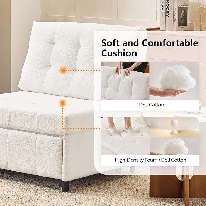VINGLI Convertible Sofa Bed Tufted Teddy Fleece Sleeper Chair Bed Couch Armless Living Room Chairs with Adjustable Backrest Pull Out Couch Bed for Small Spaces | Armless Sofa Bed