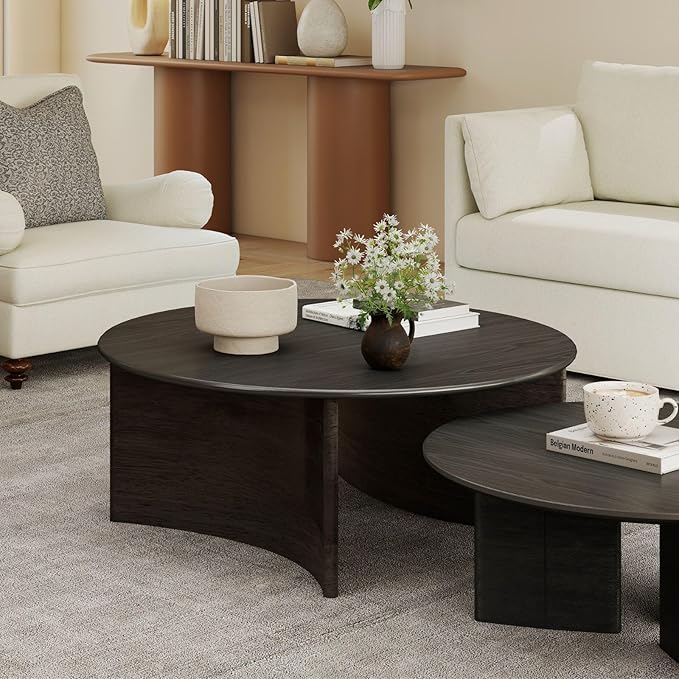 31.5'' Round Coffee Table, Black Circle Coffee Table with Curved Base, Solid Wood, Ideal for Living Room, Apartment, Compact Place