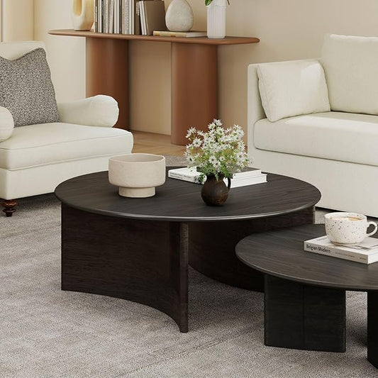 31.5'' Round Coffee Table, Black Circle Coffee Table with Curved Base, Solid Wood, Ideal for Living Room, Apartment, Compact Place