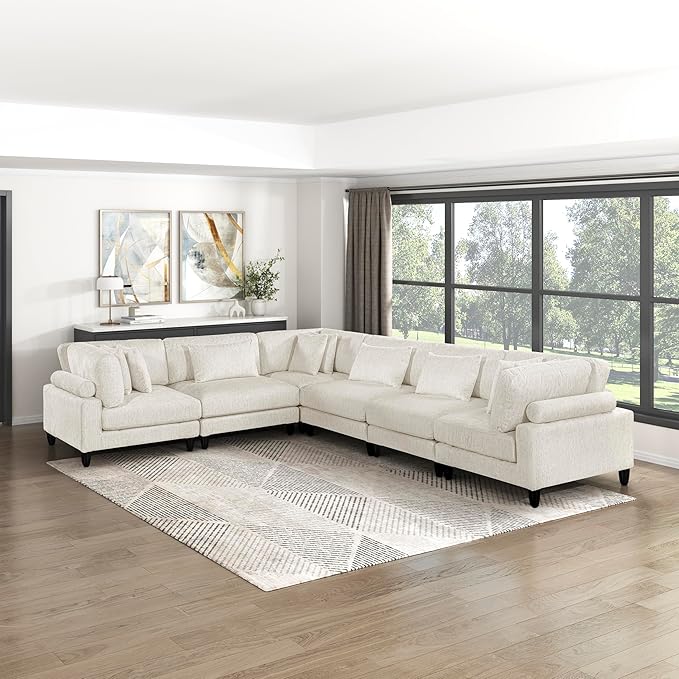 Lexicon 120 Inch Modular Sectional Sofa - Oversized 6 Seater Microfiber L Shaped Sectional Couch, 9 Accent Pillows, and Flexible Arrangement for Modern Living Rooms, Beige