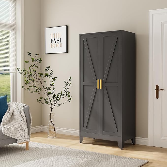 71" Tall Metal Armoire Wardrobe Closet, Clothing Storage Cabinet, Freestanding Wardrobe Cabinet with 4 Adjustable Shelves for Bedroom, Office, Garage