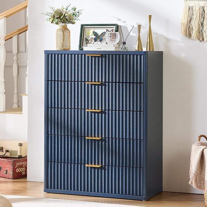 LEYAOYAO Fluted 5 Drawers Dresser Set of 2, 41" Tall Modern Chest of Drawers with Metal Handle, Curved Profile Dresser TV Stand, Wooden Drawer Organizer for Bedroom, Living Room, Hallway, Navy Blue - Image 8
