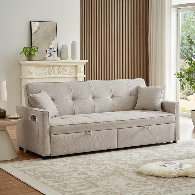 82" 3 in 1 Convertible Sleeper Sofa Bed, Modern Fabric Pull Out Couch, Loveseat Sofa with Pillows & Pockets, Futon Couch Bed Reclining Backrest for Living Room, Bedroom, Apartment, Beige
