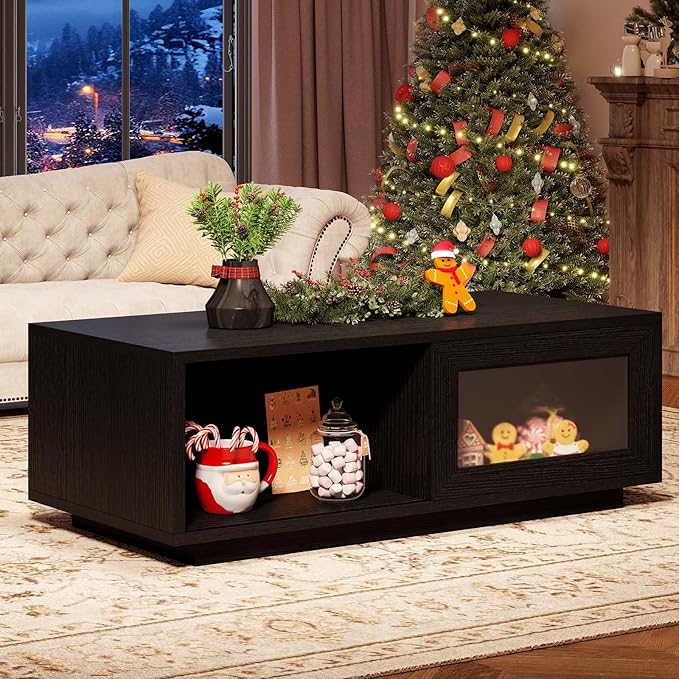 HSH Black Coffee Table, Modern Low Coffee Table for Living Room, Rectangle Coffee Tables with Sliding Door, Large Wood Center Tables with Storage Open Shelf, 47 Inch