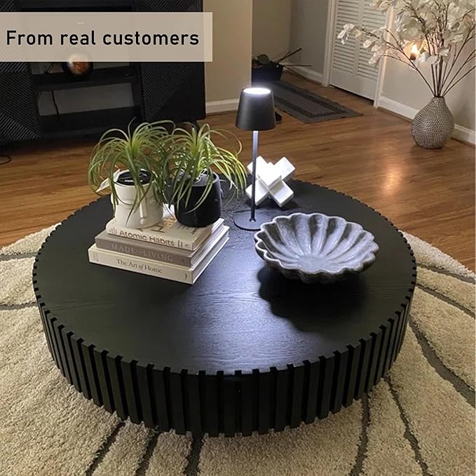 Round Coffee Table, 39.37" Coffee Table, Wood Coffee Table for Living Room, Handcrafted Relief Carving, Easy Assembly, Black
