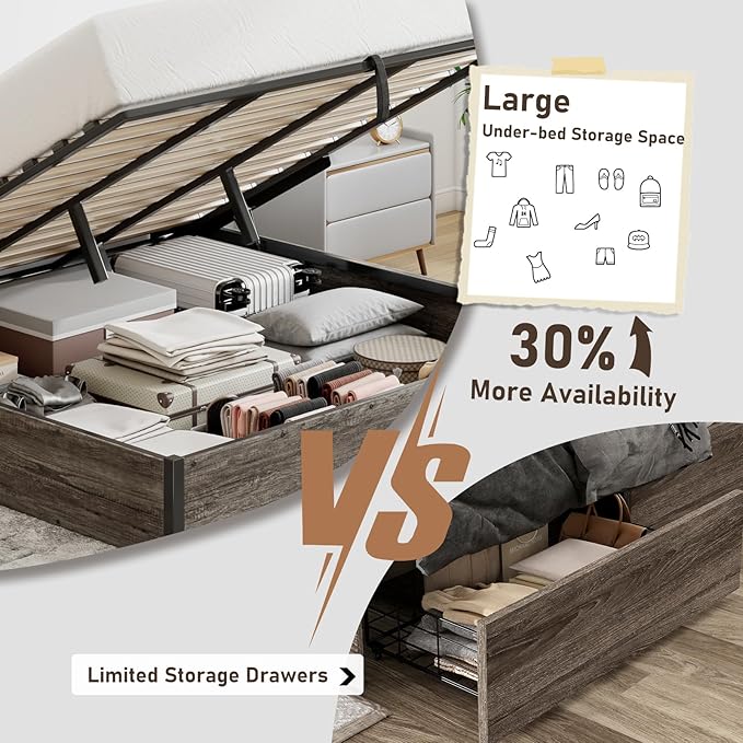 LUXOAK 3 Pieces Bedroom Sets, Includes King Size Lift Up Storage Platform Bed Frame, 2 Drawers Farmhouse Nightstand Set of 2 with Charging Station, No Box Spring Needed, Rustic Grey
