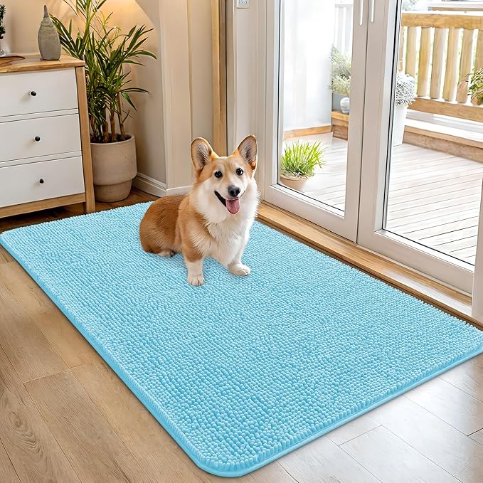 OLANLY Dog Door Mat for Muddy Paws 45x27, Absorbs Moisture and Dirt, Absorbent Non-Slip Washable Doormat, Quick Dry Chenille Mud Mat for Dogs, Entry Indoor Entryway Carpet for Inside Floor, Blue by OLANLY