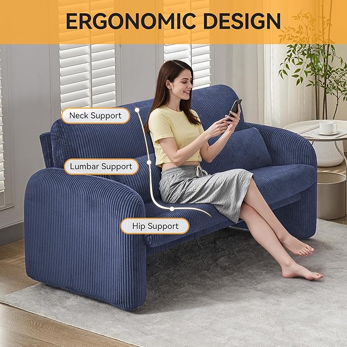 Corduroy Accent Living Room Sets, Comfy Upholstered Loveseat Sofa with 2 Accent Chairs, Morden Couch Sets for Living Room, Bedroom, Office, Blue