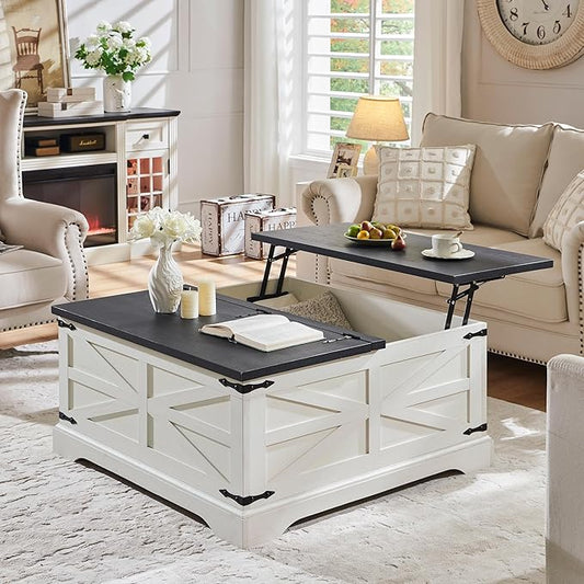 JXQTLINGMU 36" Farmhouse Lift Top Coffee Table with Storage, Wood Square Center Table with Large Hidden Compartment, Rustic Lift Tabletop Dining Table for Home Living Room, White