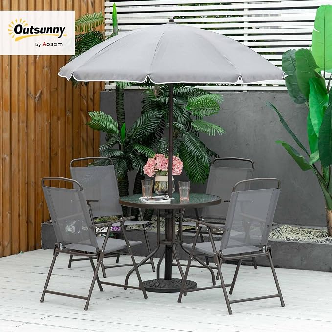 Outsunny 6 Piece Patio Dining Set for 4 with Umbrella, Outdoor Table and Chairs with 4 Folding Dining Chairs & Round Glass Table for Garden, Backyard and Poolside, Gray - Image 2