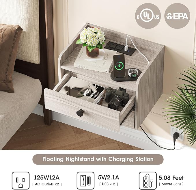 Floating Nightstand Set of 2 with 2 Storage Drawers and Charging Station Wood Wall Mounted Bedside End Table Modern Night Stands Set 2 for Bedroom,Small Space,Grey Black - Image 4