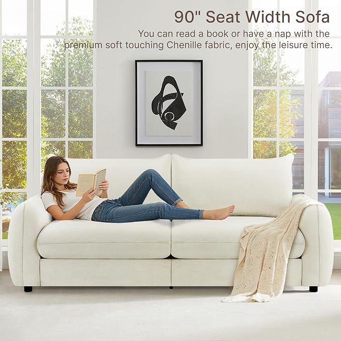 90'' Cloud Loveseat Sofa,Chenille Fabric Couch with 3 Deep Seater, Modern Love Seat,Comfy Thick Cushion,Upholstered Sofa Couch for Living Room Bedroom Apartment