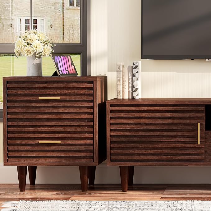 Whalefall Night Stands Set of 2, Fluted Bedside Table with Drawer, Mid Century Modern Nightstand, End Table Bed Side Tables for Bedroom, Accent Tables with Wood Legs, Brown 2pcs - Image 5