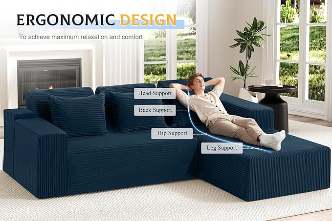 Homguava Modular Sectional Couches for Living Room,105" Cloud Couch with L-Shape Chaise,Comfy Sofa Living Room Sofas with Deep Seat,No Assembly L Couch,Corduroy Fabric(Blue,R)